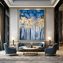 Load image into Gallery viewer, “Golden Canopy in Blue” Abstract Forest Painting on Canvas, Enchanted Woodland Art DKH936