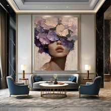 Load image into Gallery viewer, “Violet Floral Mask” – Woman with thick, textured violet and purple flowers covering her eyes. DTP329