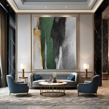 Load image into Gallery viewer, “Gold Accent Green and Grey” - Green, Grey, Gold Abstract Art on Canvas DKH1198