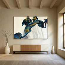 Load image into Gallery viewer, Blue - Gold Flowing Shapes Abstract Art for Elegant Dining Room & Modern Bedroom DKH160