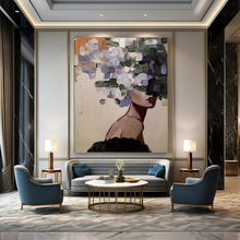 Load image into Gallery viewer, “Floral Veil” ,Soft beige background, with a figure whose face is obscured by loose, painterly purple, white, and green flowers. DTP309