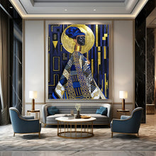 Load image into Gallery viewer, “Blue, Gold and Patterned Figure” - Afro - Centric Abstract Art on Canvas DKH1624