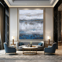Load image into Gallery viewer, “Grey - Blue Horizons with Gold Accents” - Grey, Blue, Gold Abstract Art on Canvas DKH1226