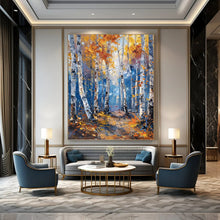 Load image into Gallery viewer, “Autumn Birch Forest” - Golden, Blue, and White Landscape Art on Canvas DKH1406