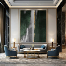 Load image into Gallery viewer, “Gold Strip Green and Grey” - Green, Grey, Gold Abstract Art on Canvas DKH1203