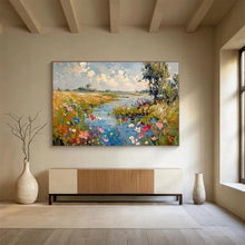 Load image into Gallery viewer, Riverbank “Serene Blossoms” Painting on Canvas, Idyllic Landscape Decor DKH833
