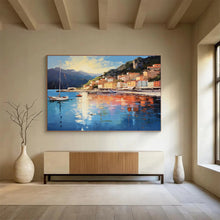 Load image into Gallery viewer, Coastal Town “Sunny Harbor” Painting on Canvas, Luminous Seaside Art DKH877