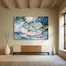 Load image into Gallery viewer, Blue and White Peony Textured Abstract Painting on Canvas - “Elegant Blooms” DKH675