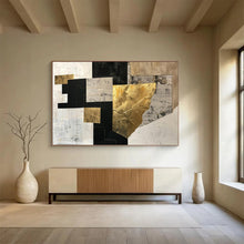 Load image into Gallery viewer, Hand - painted Black, White, and Gold Geometric Collage Acrylic Art for Sophisticated Study Spaces LargeART1709