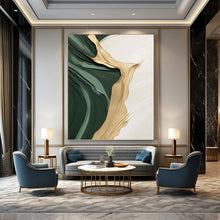 Load image into Gallery viewer, “Emerald Green & Gold Flowing Textures” - Luxe Abstract Art on Canvas DKH1496
