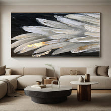 Load image into Gallery viewer, Oversized White - Gold Feather Abstract Acrylic Art for Bedroom & Boutique Hotel LargeART0431