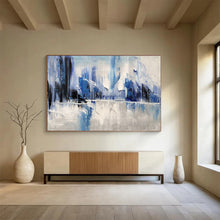 Load image into Gallery viewer, Hand - painted Blue and White Abstract Mountains Acrylic Art for Serene Living Room Walls LargeART1731