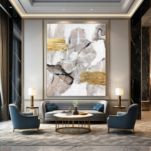 Load image into Gallery viewer, “Neutral Abstract with Gold Accents” - Grey, White, Gold Abstract Art on Canvas DKH1301