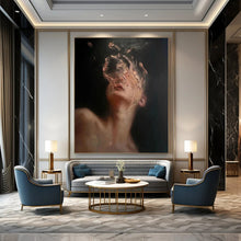 Load image into Gallery viewer, “Fragmented Portrait” ,Dark background with a partially obscured figure, using textured, swirling brushstrokes in skin tones. DTP315