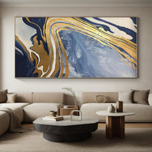 Load image into Gallery viewer, Blue - Gold Marbled Flow Acrylic Art - Ideal for Luxury Hotel Lobby & Opulent Home Office LargeART0564