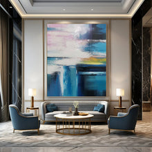 Load image into Gallery viewer, “Colorful Sky Over Blue Waters” - Pink, Blue, Yellow, White Abstract Art on Canvas DKH1232