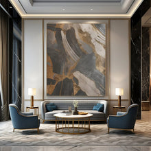 Load image into Gallery viewer, “Black, Gray, and Gold Textured Abstract” – Tactile Abstract with Metallic Accents DTP137