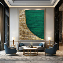 Load image into Gallery viewer, “Gold and Emerald Half - Moon” - Green, Gold Abstract Art on Canvas DKH1219
