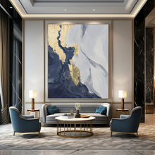 Load image into Gallery viewer, “Blue, Grey & Gold Abstract” - Luxe Abstract Art on Canvas DKH1514