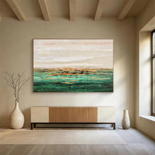 Load image into Gallery viewer, Green - Hued Coastal Abstract Painting on Canvas - “Golden Shores” DKH648