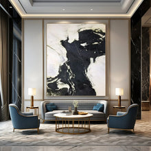 Load image into Gallery viewer, “Black - White Marble - Like Swirls” Abstract Painting on Canvas, Modern Entryway Decor DKH1046