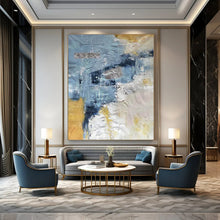 Load image into Gallery viewer, Blue and Gold Textured Abstract – Mixed - Media with Metallic Elements DTP255