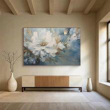 Load image into Gallery viewer, Hand - painted Large - Format White Flower with Gold and Blue Background Acrylic Art for Elegant Bedrooms LargeART1756