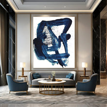 Load image into Gallery viewer, “Indigo Whirl” - Deep blue, dynamic brushstrokes with black splatters DTP161