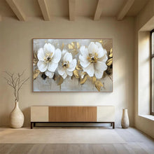 Load image into Gallery viewer, Hand - painted White Flowers with Gold Leaves Acrylic Art for Elegant Dining Rooms LargeART1705