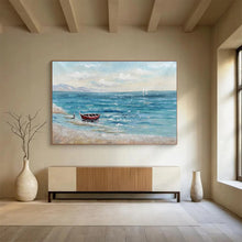 Load image into Gallery viewer, “Seaside Solitude with Red Boat” - Coastal Abstract Acrylic, Good for Beach House and Nautical - Themed Room DLZ224