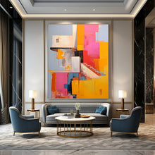 Load image into Gallery viewer, “Vibrant Architectural Abstract” - Pink, Yellow, Blue Abstract Art on Canvas DKH1323