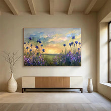 Load image into Gallery viewer, Blue Flower “Sunset Meadow” Painting on Canvas, Serene Floral Landscape DKH819