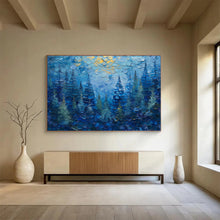 Load image into Gallery viewer, Blue Forest with Golden Highlights Abstract Painting on Canvas - “Mystic Pines” DKH672