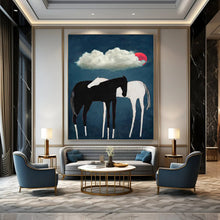 Load image into Gallery viewer, “Horses Under Red Moon” - Black, White, and Red Nature Art on Canvas DKH1418