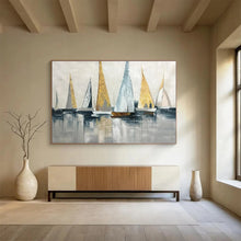 Load image into Gallery viewer, Gold - Accented Sailboat Abstract Art for Nautical Living Room & Elegant Yacht Club DKH169