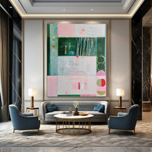 Load image into Gallery viewer, Green & Pink Geometric Abstract Painting, Suited for Modern Dining Room & Art - Centric Workspace LargeART1852