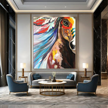 Load image into Gallery viewer, “Colorful Horse with Feather Headdress” - Vividly Painted Equine Art on Canvas DKH1426