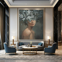 Load image into Gallery viewer, “Fragmented Floral Portrait” – Woman with abstract, fragmented floral shapes covering parts of her face and head. DTP328