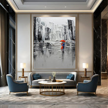 Load image into Gallery viewer, “Black and White Cityscape with Red Umbrella” - Textured Urban Art on Canvas DKH1600
