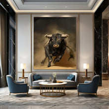Load image into Gallery viewer, “Powerful Black Bull” - Dark Brown, Black, and White Animal Art on Canvas DKH1409