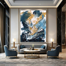 Load image into Gallery viewer, Gold & Blue Abstract Splash – Energetic Acrylic Painting DTP234