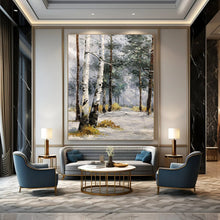 Load image into Gallery viewer, “Snowy Birch Forest Path” - Grey, White, Brown Landscape Art on Canvas DKH1283