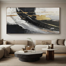 Load image into Gallery viewer, Hand - painted Oversized Black - White - Gold Abstract Strokes Acrylic Art for Luxurious Living Rooms LargeART0085