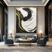 Load image into Gallery viewer, “Gilded Swirls” – Thick black, white, and gold impasto, dynamic curved strokes DTP381