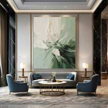 Load image into Gallery viewer, “Textured Green and White Flower” - Green, White Abstract Floral Art on Canvas DKH1185