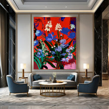 Load image into Gallery viewer, “Blue Blooms on Red” – Bold Floral Painting with Vibrant Color Contrast DTP101