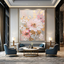 Load image into Gallery viewer, “Blush and Gold Floral Impasto” - Pink, Gold, and White Flower Art on Canvas DKH1390