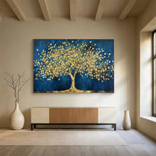Load image into Gallery viewer, Blue & Gold Tree of Abundance Hand-Painted Abstract Acrylic Art for Dining Room Opulence LargeART1620