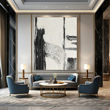 Load image into Gallery viewer, “Textured Intersection” – Thick black, gray, and white strokes, intersecting forms on textured white DTP386