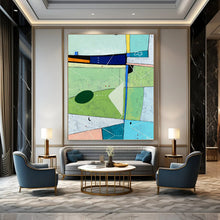 Load image into Gallery viewer, “Colorful Landscape Reimagined” - Green, Blue, Pink, Orange Geometric Landscape Art on Canvas DKH1104